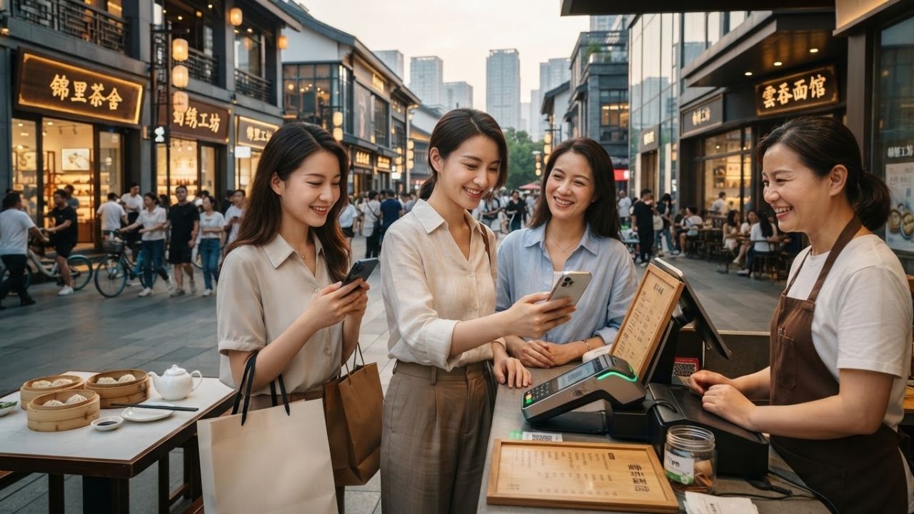 A traveler in Beijing scanning a QR code at a local store terminal to complete a mobile payment on their phone.