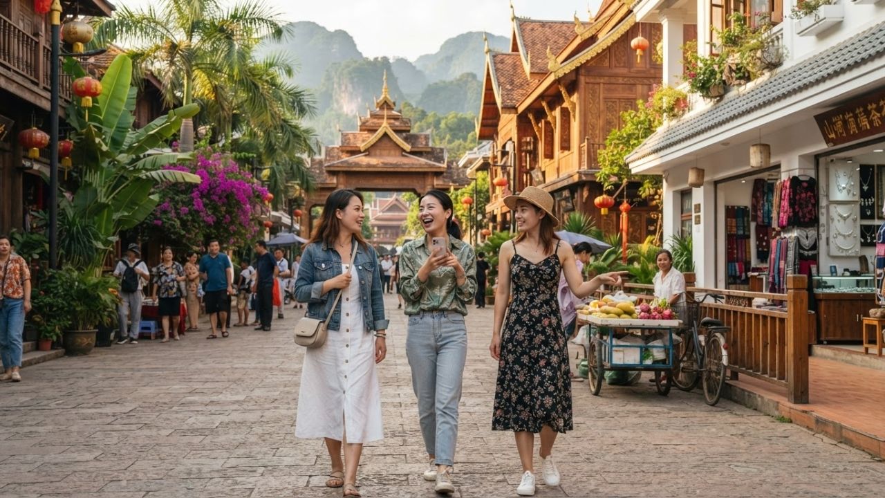A group of young international travelers taking photos on their phones in a traditional Chinese street.