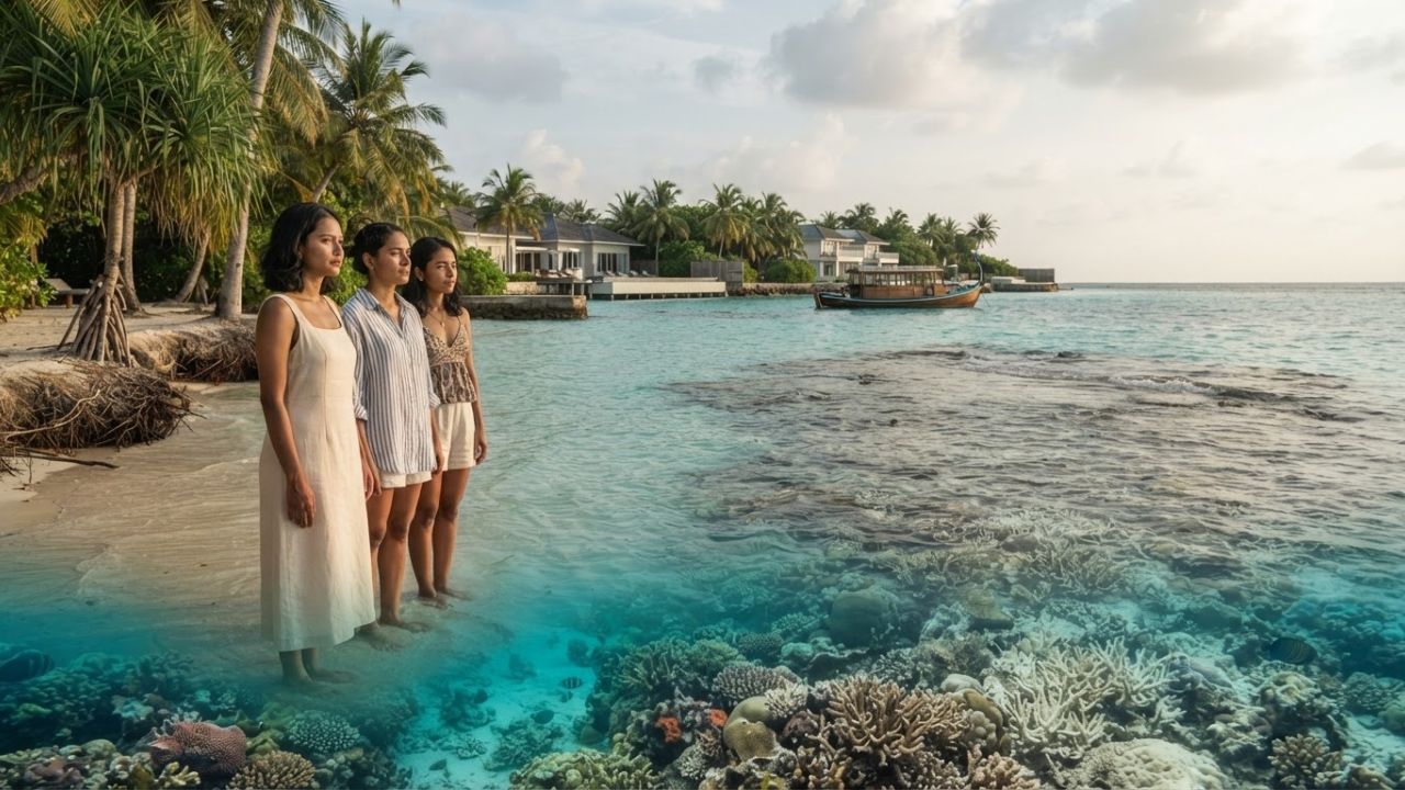 A beautiful view of a tropical island beach with a fringing coral reef under clear waters.