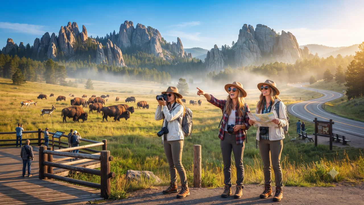 A large herd of American bison roaming across rolling grass plains in Custer State Park