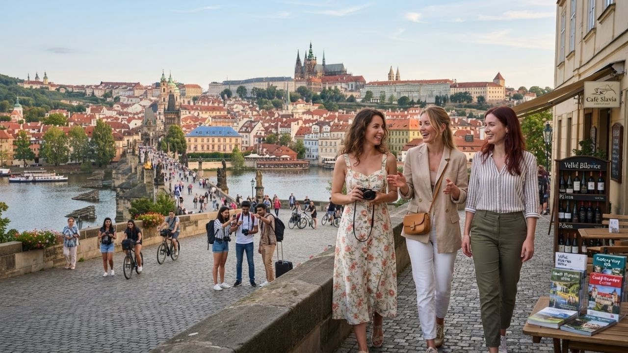 A photorealistic rendering of the historic Charles Bridge in Prague under a warm sunset sky.