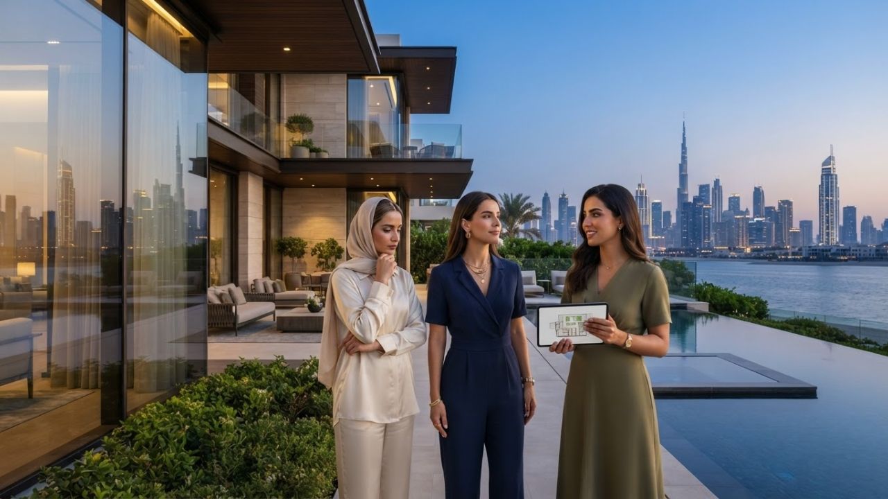 A scenic view of a modern luxury residential high-rise building along the Dubai Creek with yachts and the Dubai skyline in the background under clear skies.