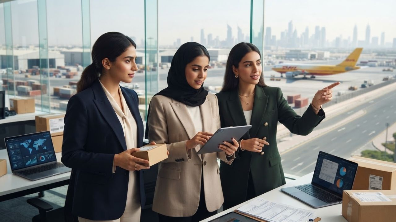 A view of the modern architecture at Expo City Dubai near the Expo 2020 Metro Station, representing the futuristic Dubai South business and tourism hub.