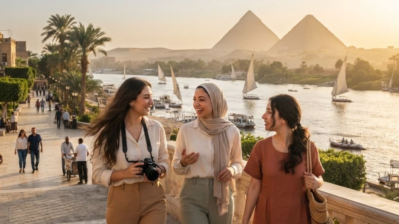 A photorealistic rendering of the Giza pyramids under a warm orange sunset with palm trees in the foreground.