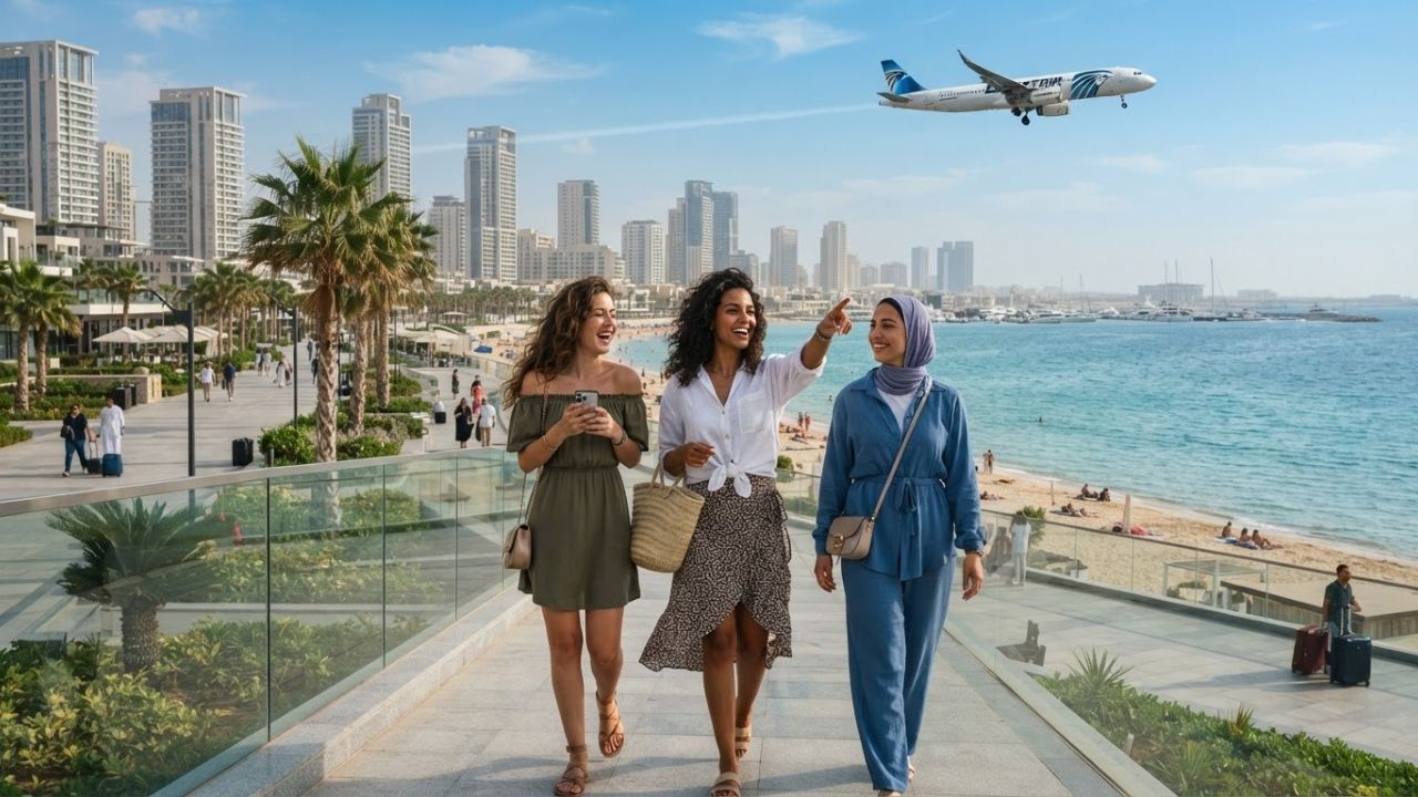 A view of the modern skyscrapers and sandy beaches of New Alamein City along Egypt's Mediterranean coast.
