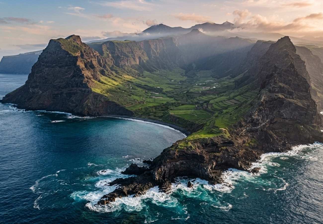 Aerial view of El Hierro volcanic landscape and Atlantic coastline