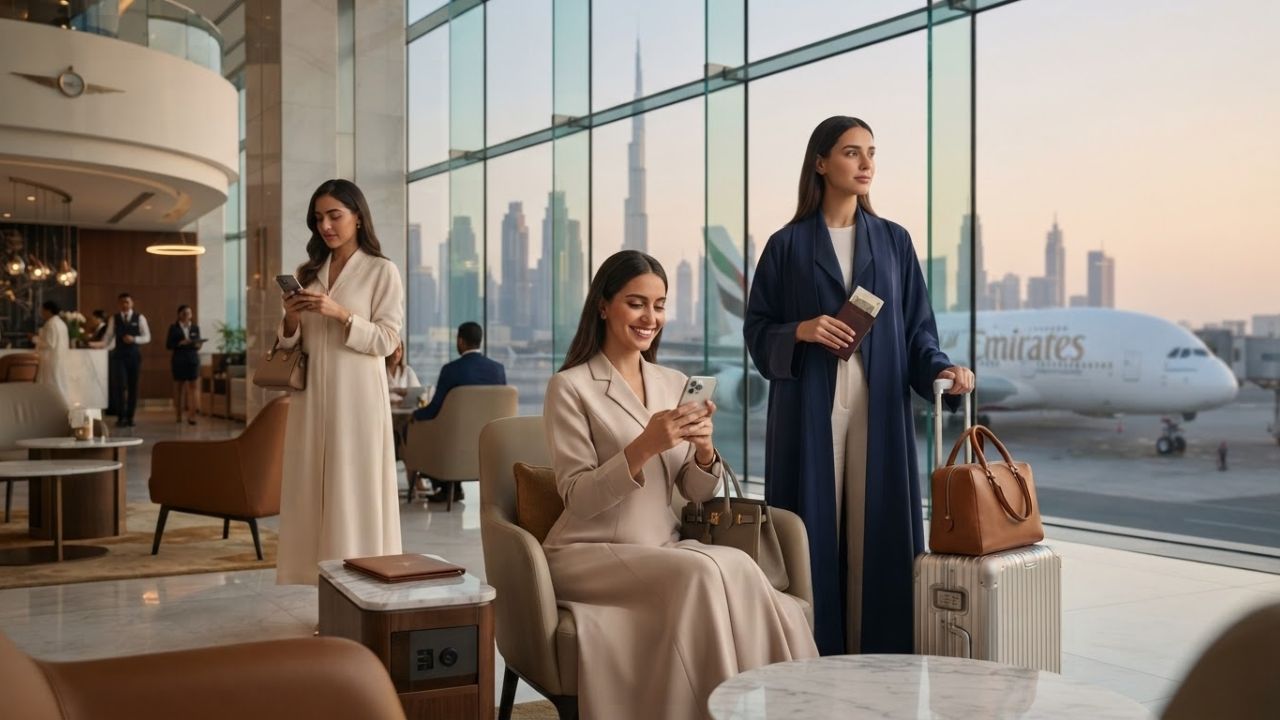 A sleek modern rendering of Emirates Terminal 3 at Dubai International Airport with travelers utilizing biometric smart gates and premium lounges.
