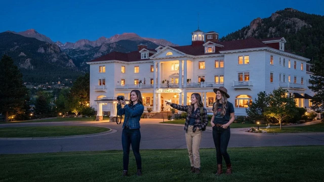 The historic Georgian Revival facade of the Stanley Hotel in Estes Park, Colorado.