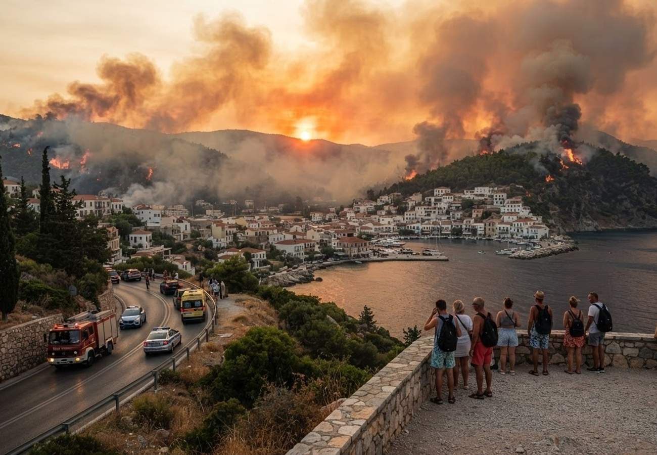 Aerial view of wildfire smoke over European Mediterranean coastline