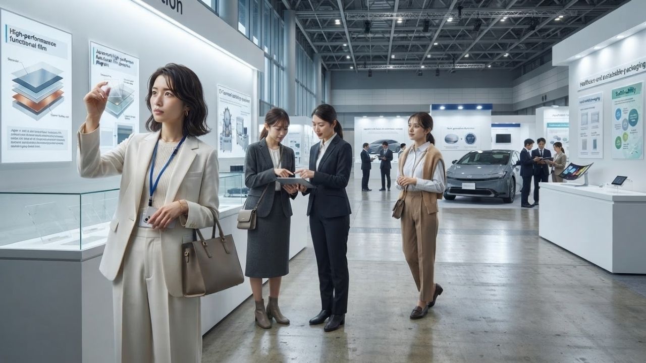 Modern exhibition hall displaying high-tech functional film machinery and semiconductor materials in Chiba, Japan.