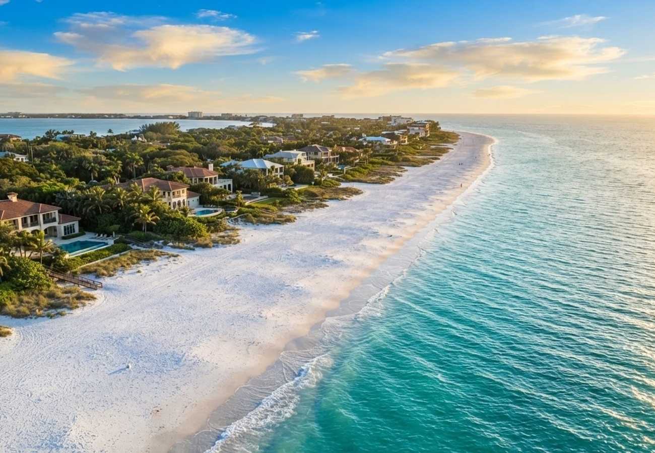 Aerial view of the white quartz sands of Siesta Beach in Florida