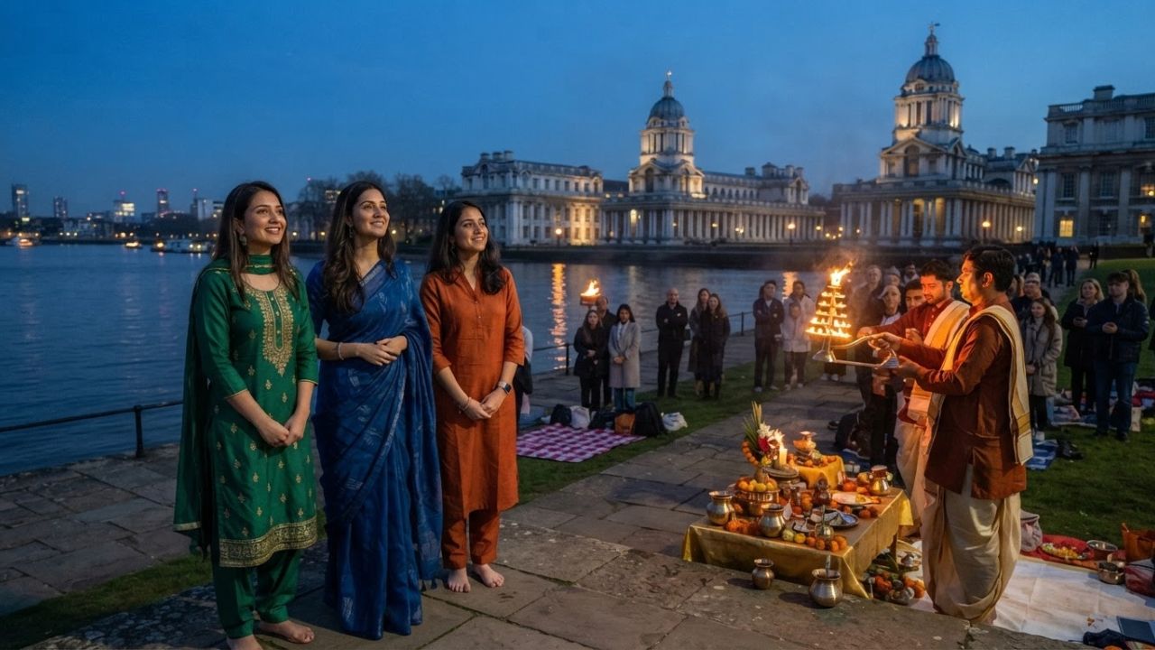 A ritual of light performed by the riverside at the Old Royal Naval College in Greenwich.