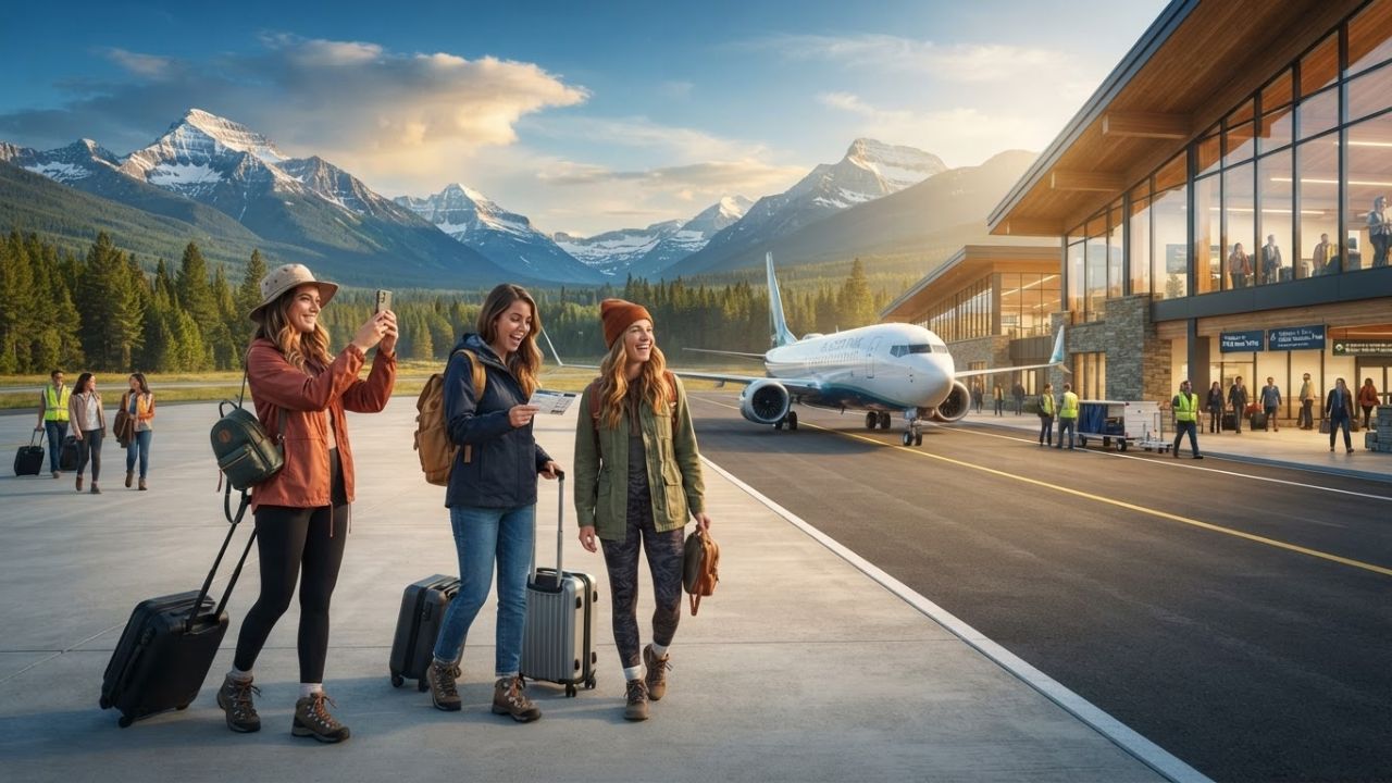 A commercial jet landing on a newly paved runway with Montana's Rocky Mountains in the background