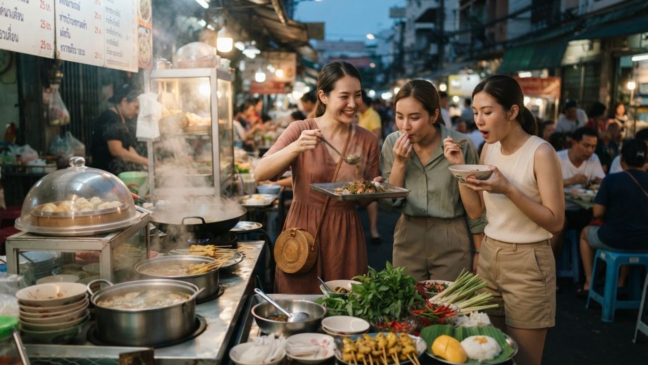 A colorful display of fresh street food dishes at a local market in Bangkok.