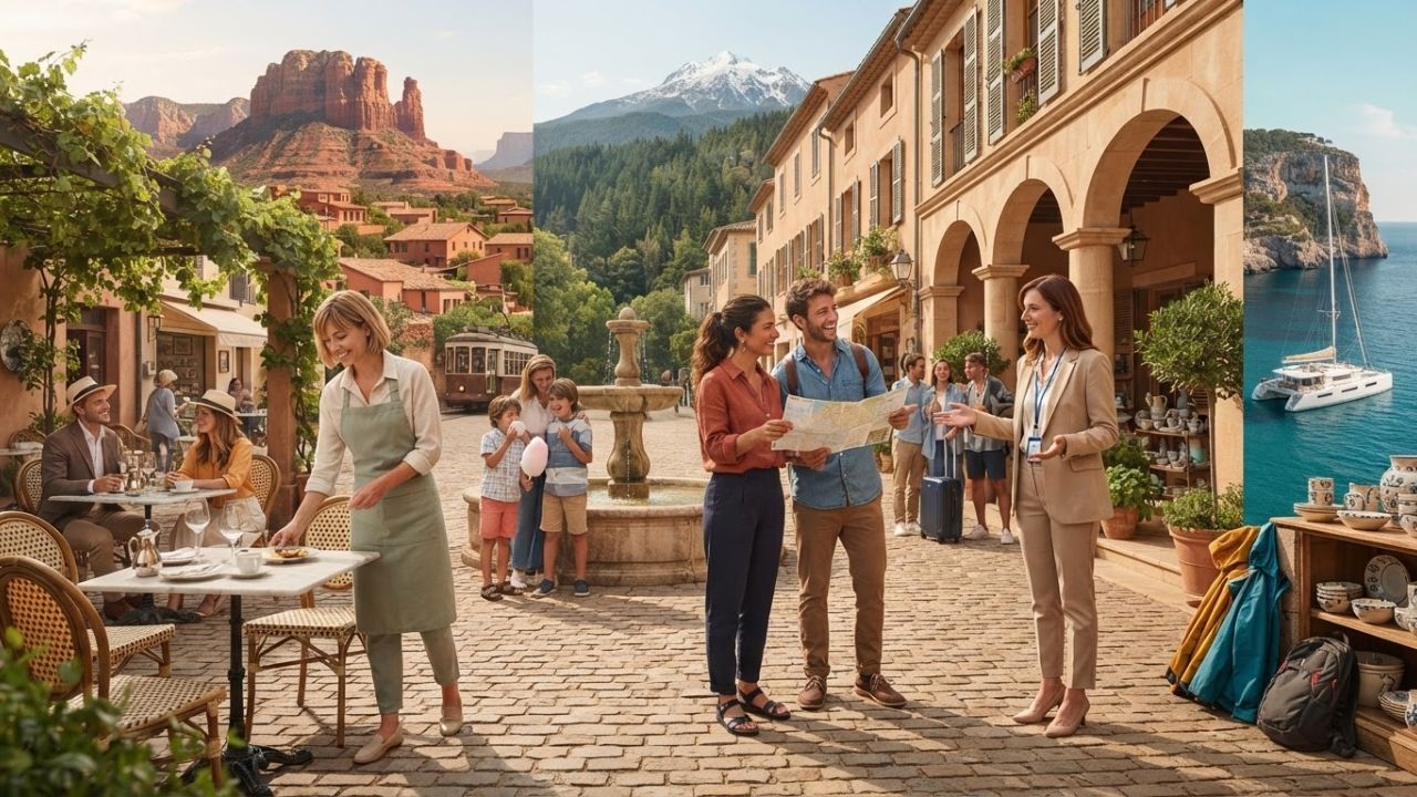 A scenic view of a modern hotel reception desk staffed by hospitality workers welcome guests.