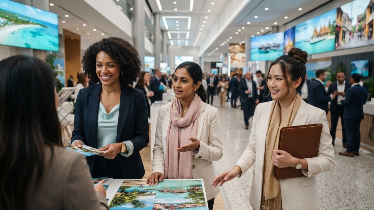 A busy international travel trade show floor with digital displays, country tourism booths, and business delegates networking.