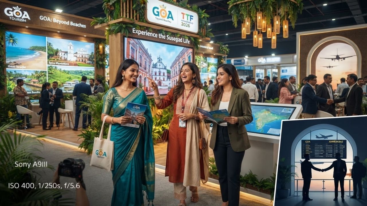 A vibrant exhibition pavilion decorated with traditional lamps and images of historic temples in Goa