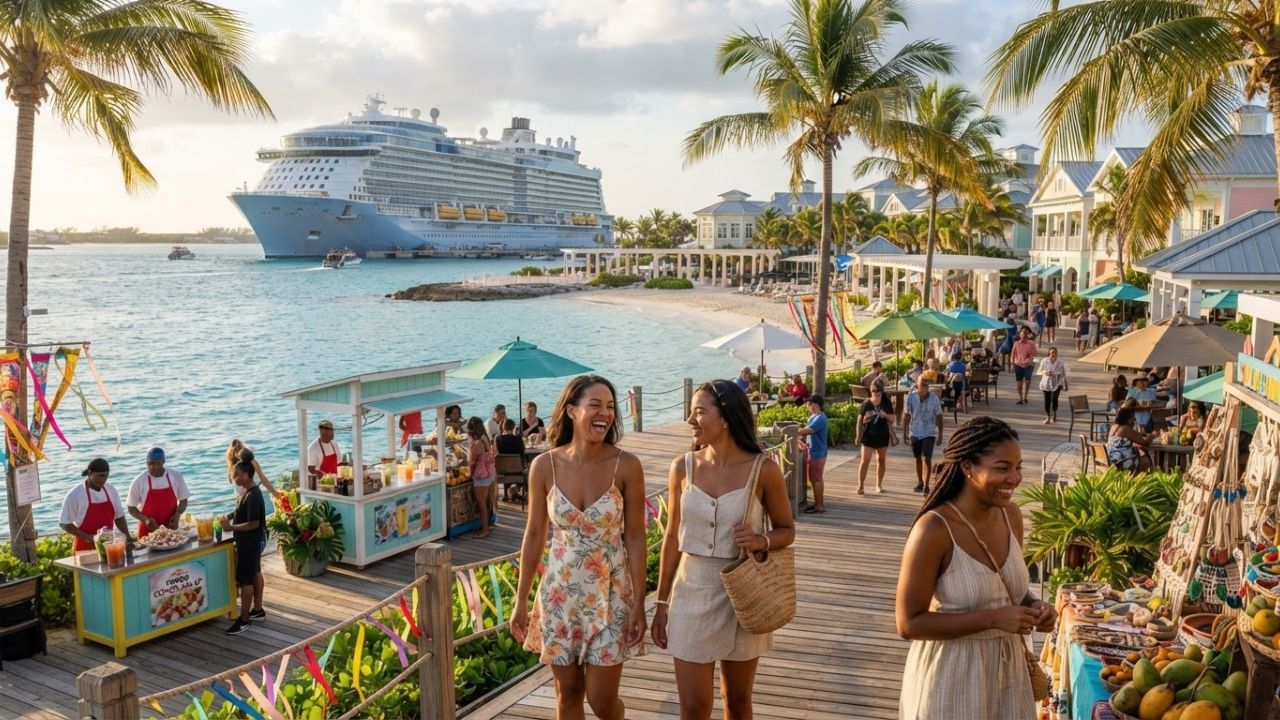 A scenic view of a modern cruise ship docked at a tropical port under clear skies.