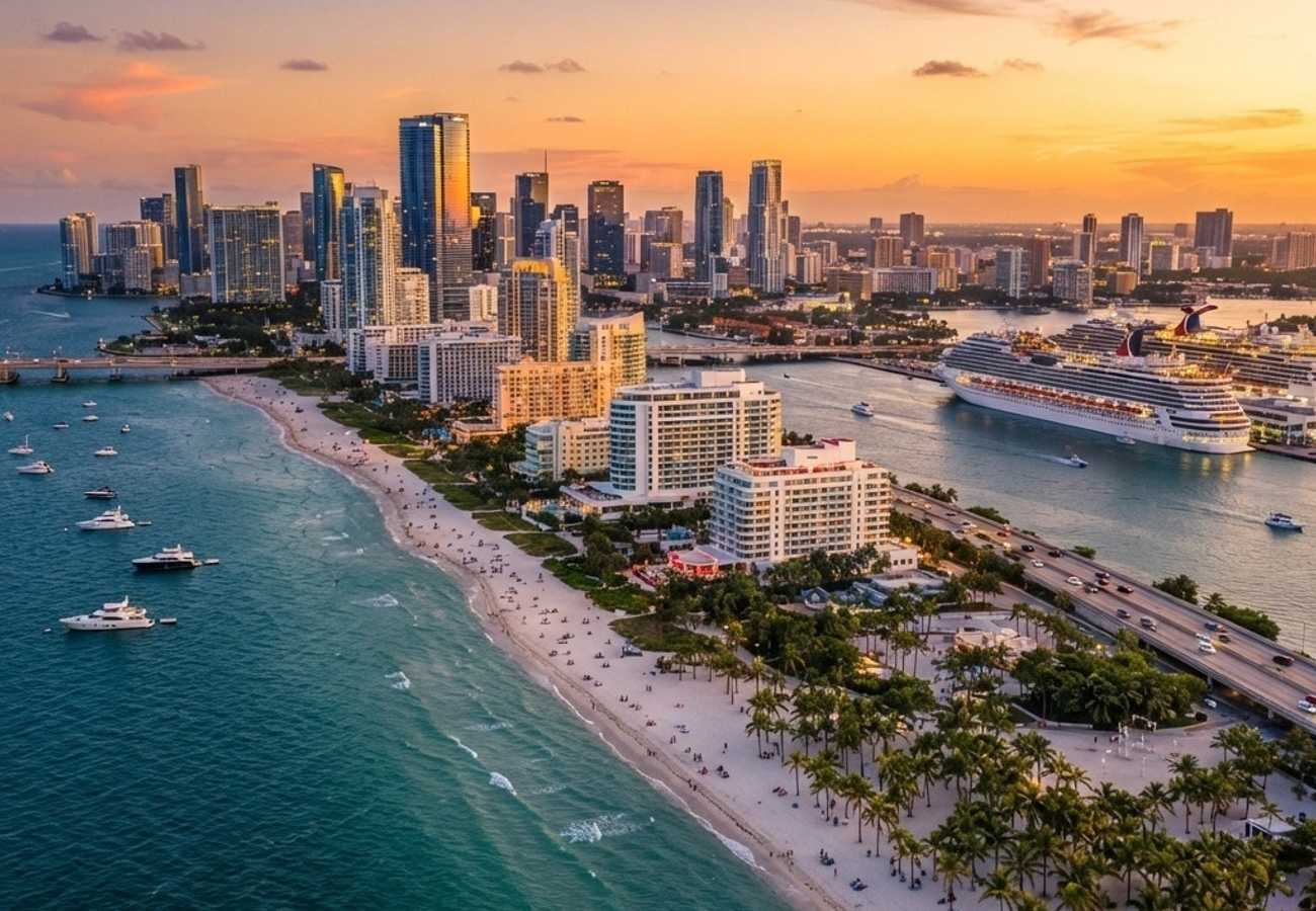 Aerial view of Miami Beach coastline and luxury hotels