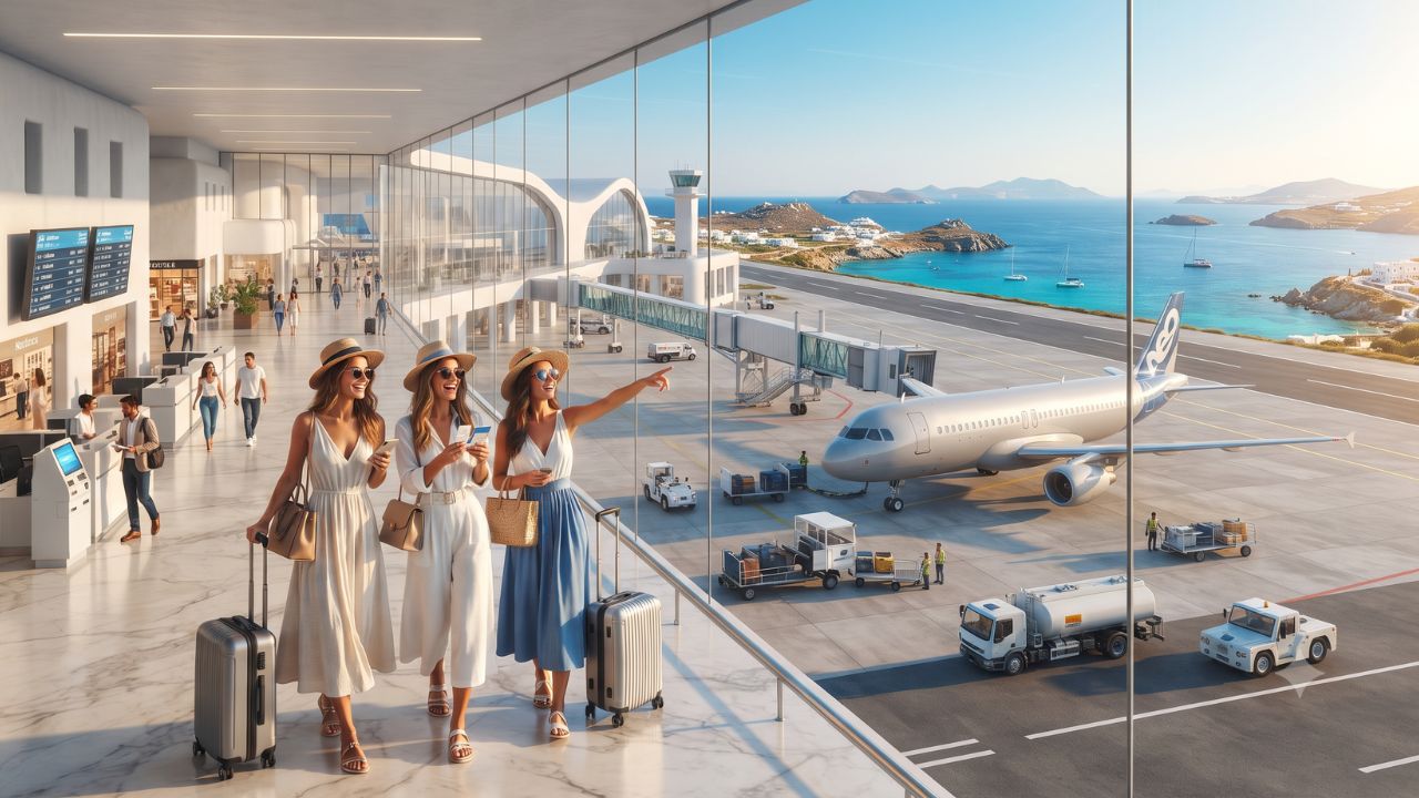 Modern airport terminal facade on a Greek island under a sunny sky