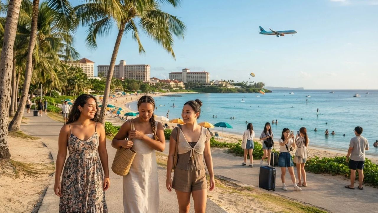 A beautiful beachfront view of Tumon Bay in Guam, showing luxury resorts and pristine waters.