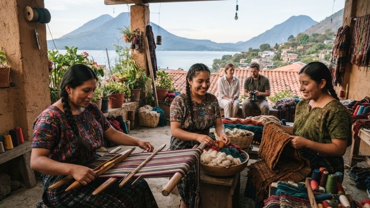 Indigenous Mayan woman weaving colorful traditional fabric on a backstrap loom near Lake Atitlan Guatemala