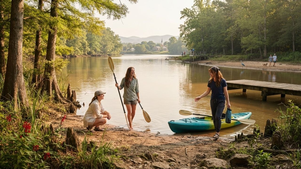 A scenic view of the Roanoke River at golden hour with a wooden kayak launch and historic canal structures along the shore.