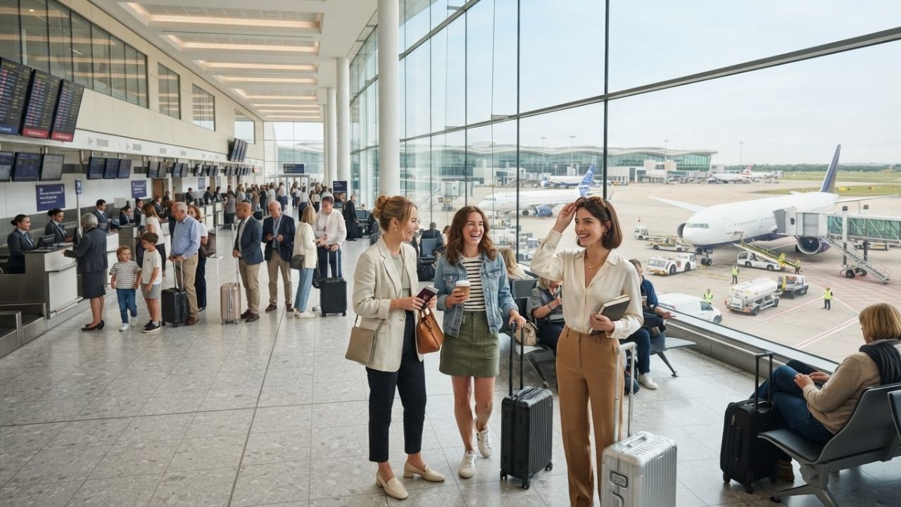 Heathrow Airport Terminal 5 departures hall packed with summer travellers under bright overhead lighting