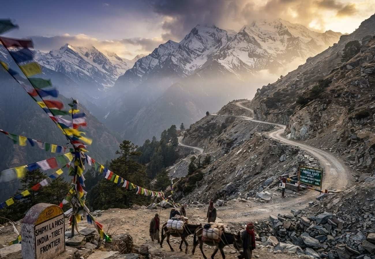 The high altitude landscape of Shipki La border crossing in Kinnaur