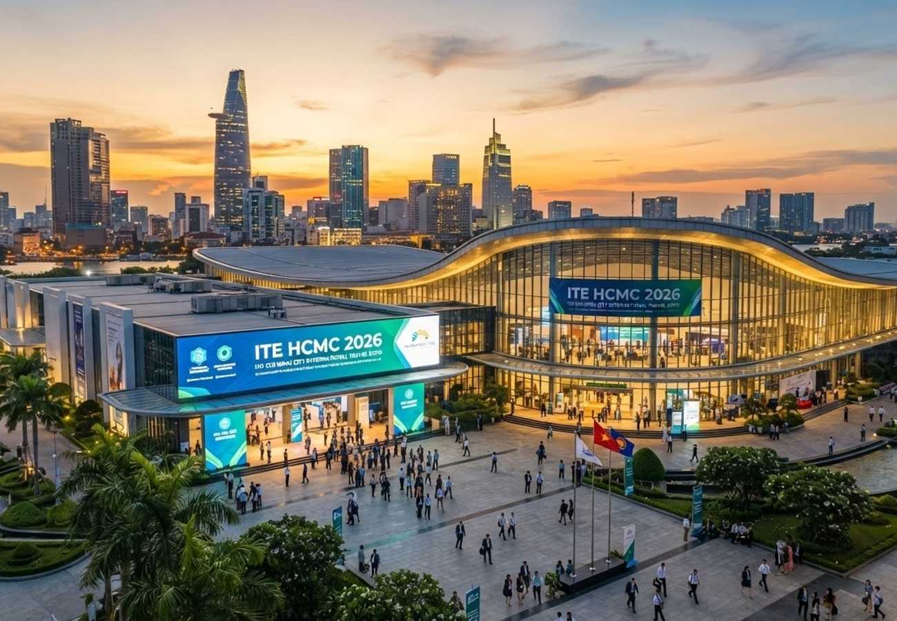 Aerial view of Ho Chi Minh City skyline and tourism exhibition center