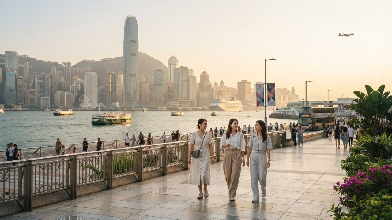 A wide panoramic view of Hong Kong harbor showing ferries and skyscrapers.