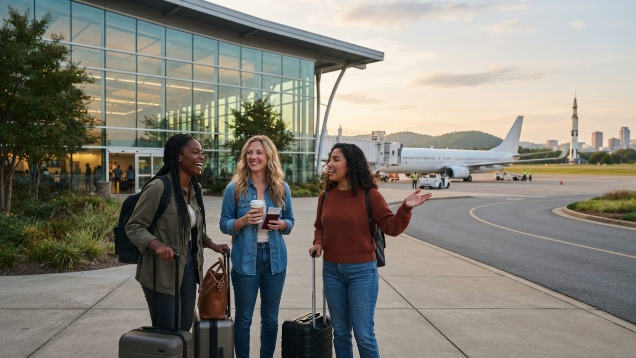 A vibrant view of passengers inside the modern Huntsville International Airport terminal.
