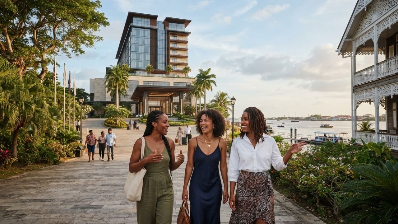 A luxurious modern hotel tower looking out over the Atlantic coast of Georgetown Guyana.
