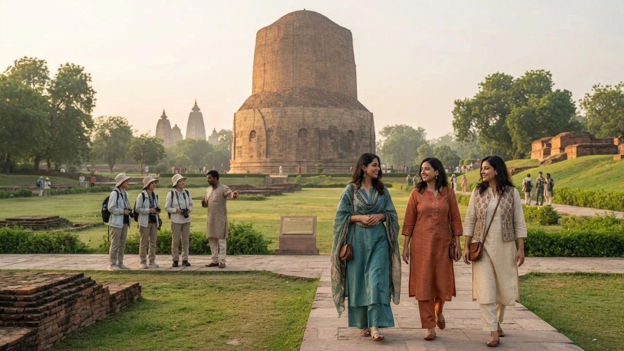 The historic Dhamek Stupa in Sarnath surrounded by ancient ruins under a clear sky.