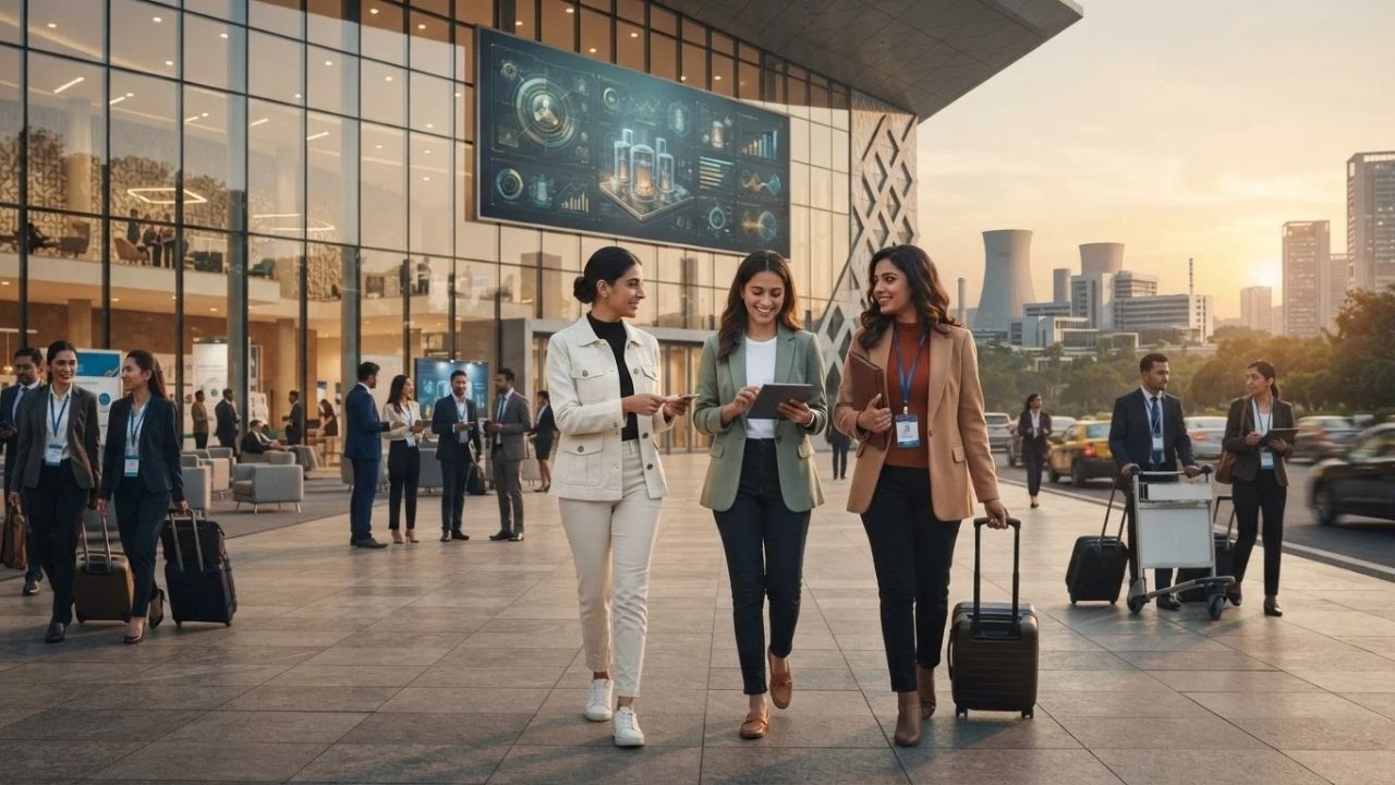 A modern glass convention center located in a major Indian metropolitan city.