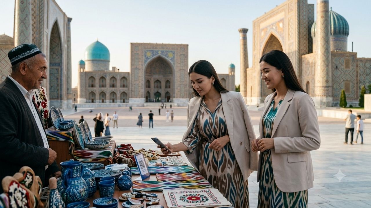 Indian tourist scanning UZQR code with smartphone in front of Samarkand Registan in Uzbekistan