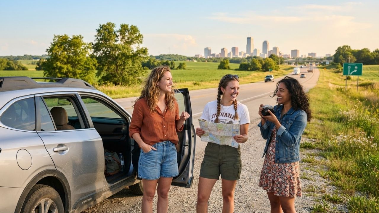A photorealistic rendering of a car driving along a scenic highway surrounded by green farm fields in Indiana under a bright summer sky.
