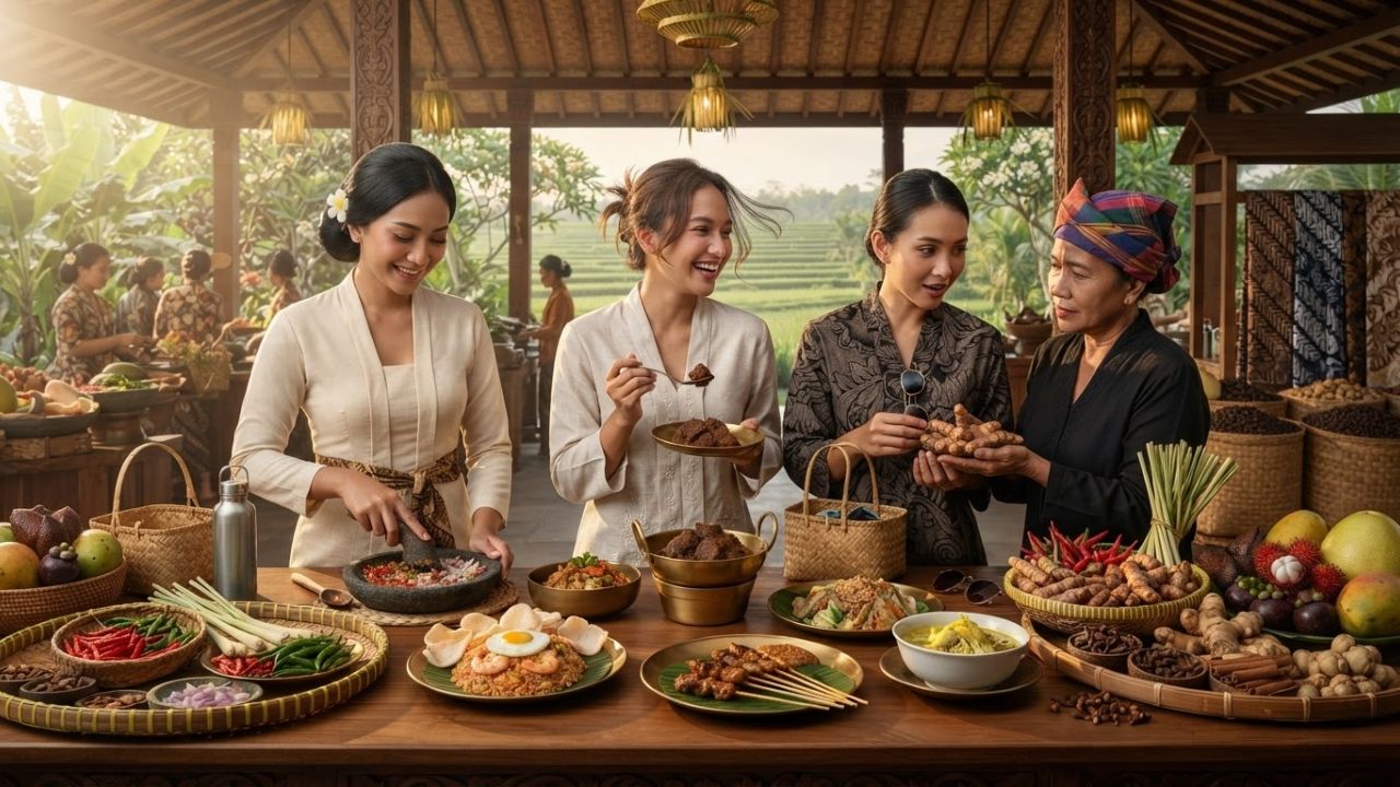 A traditional Balinese wooden table overlooking rice fields, filled with authentic Indonesian dishes like Rendang and Nasi Goreng