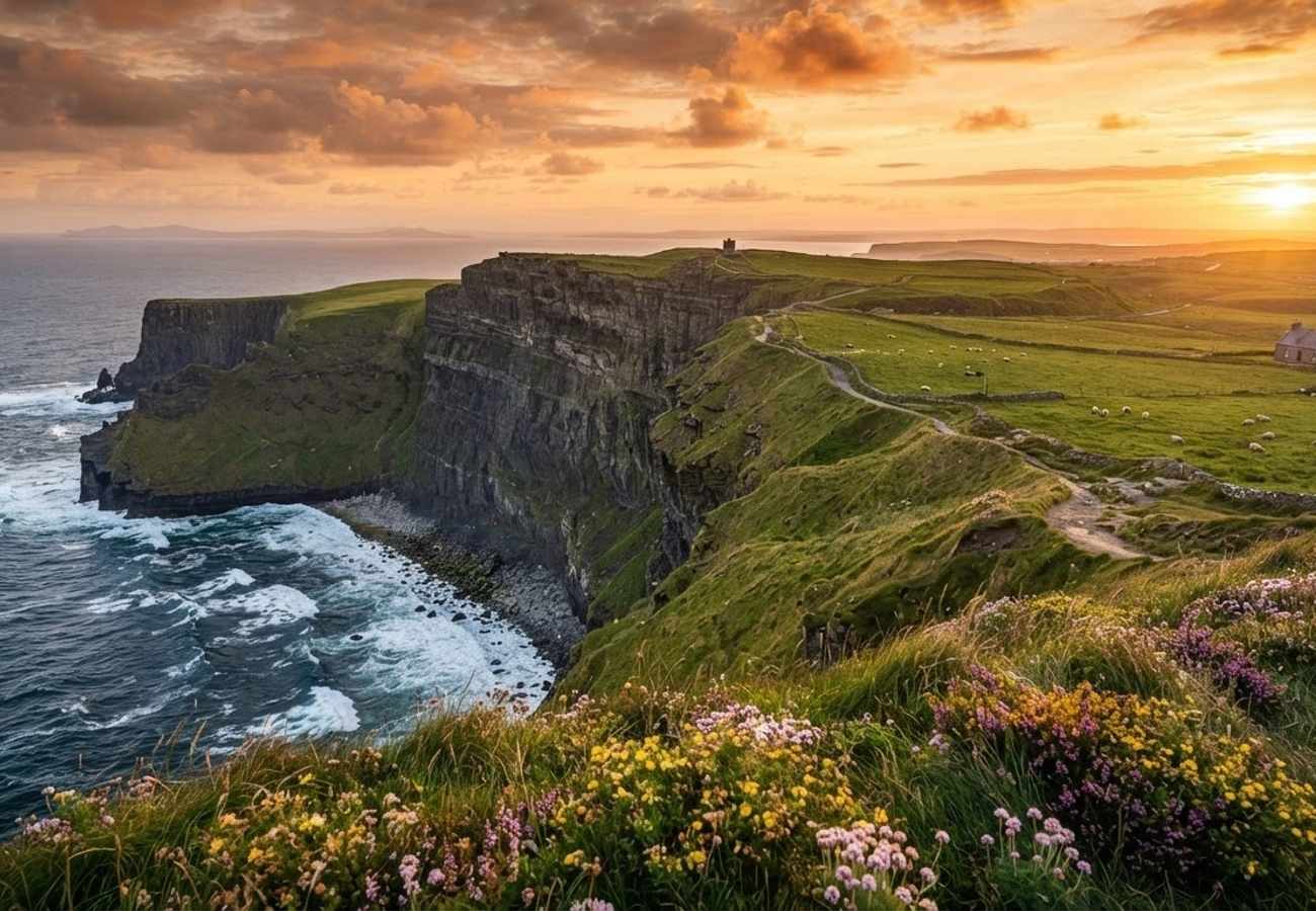 Aerial view of the Irish coastline and heritage sites