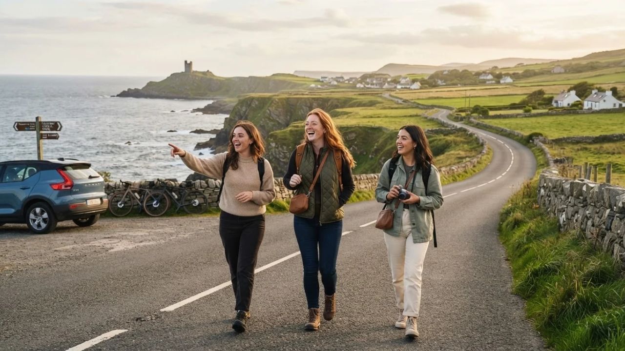 A rugged green cliff and coastal path overlooking the ocean along the Irish coast.