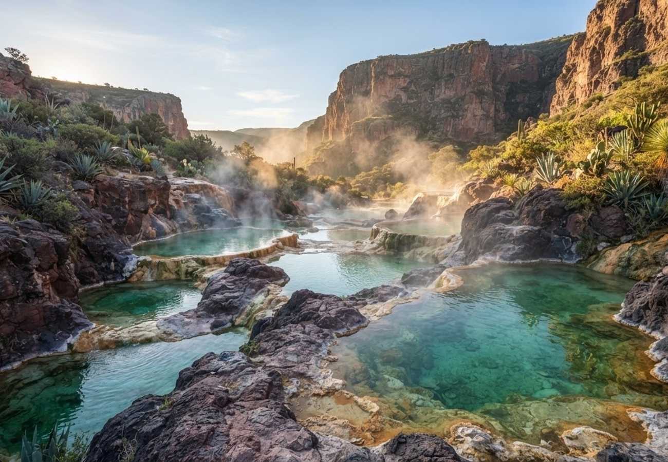 Steaming geothermal river pools in Ixmiquilpan Mexico
