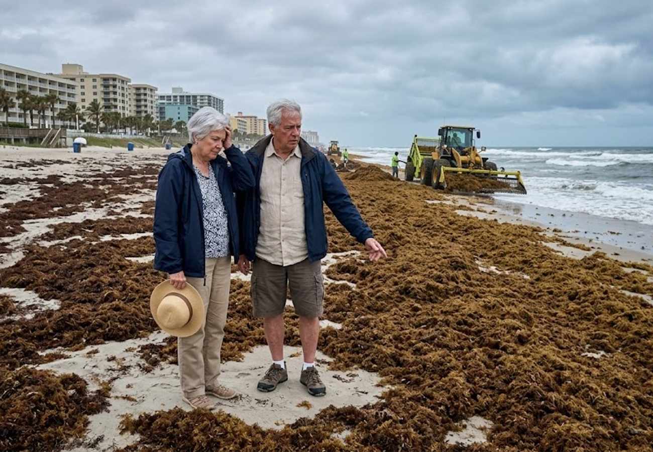Sargassum seaweed covering a Florida beach shoreline during summer 2026