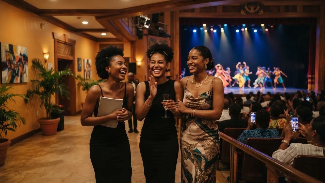 A group of contemporary dancers performing under dramatic stage lighting at a theatre.