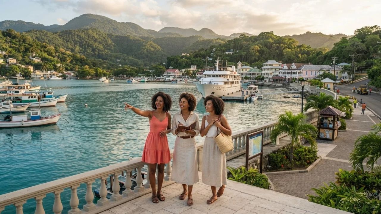 A premium boutique cruise ship docked at a scenic, palm-fringed tropical harbor.