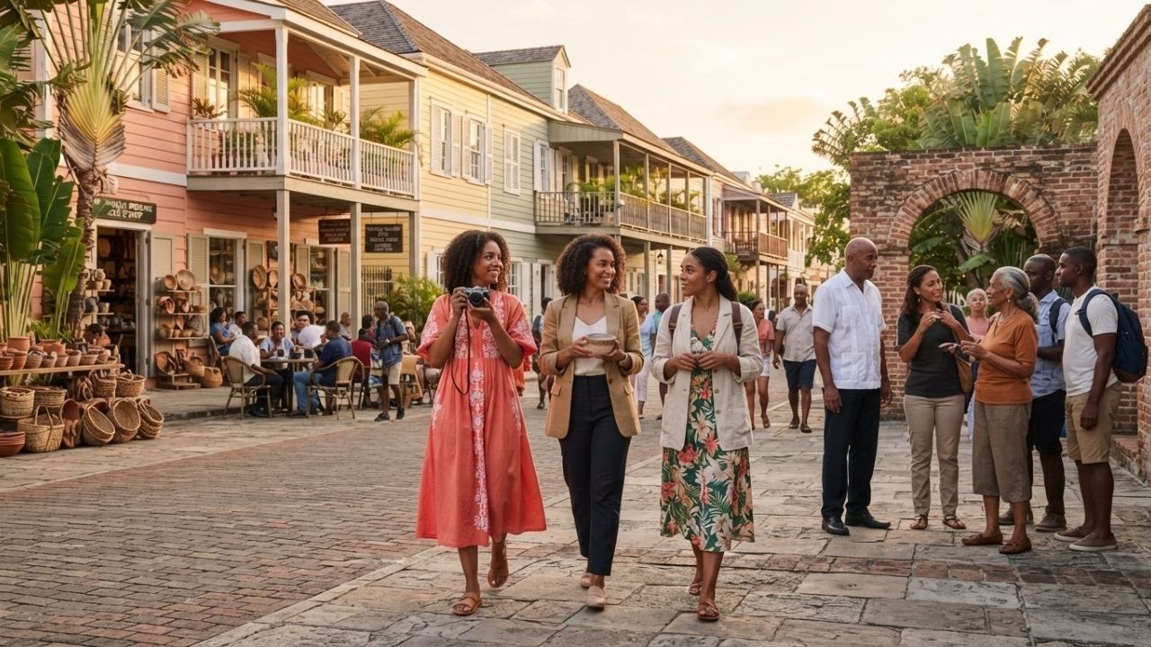 A photorealistic wide-angle travel photograph of a historic colonial brick courtyard in Jamaica under bright sunny skies