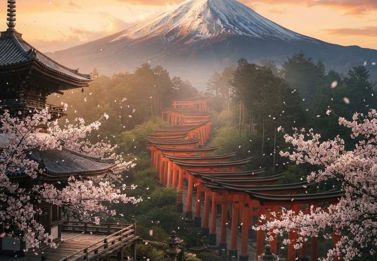 Aerial view of Mount Fuji with hiking trails and visitor centers