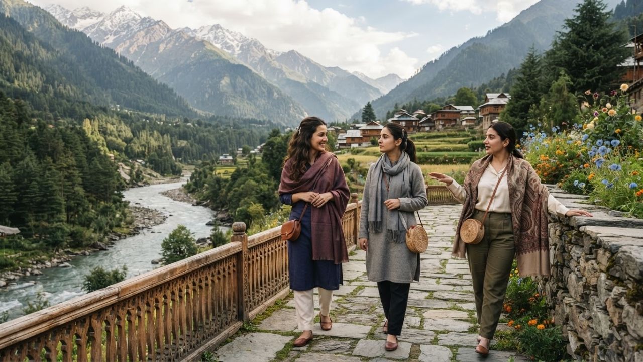 A scenic view of wooden houses in Gurez Valley with the towering Habba Khatoon Peak in the background.