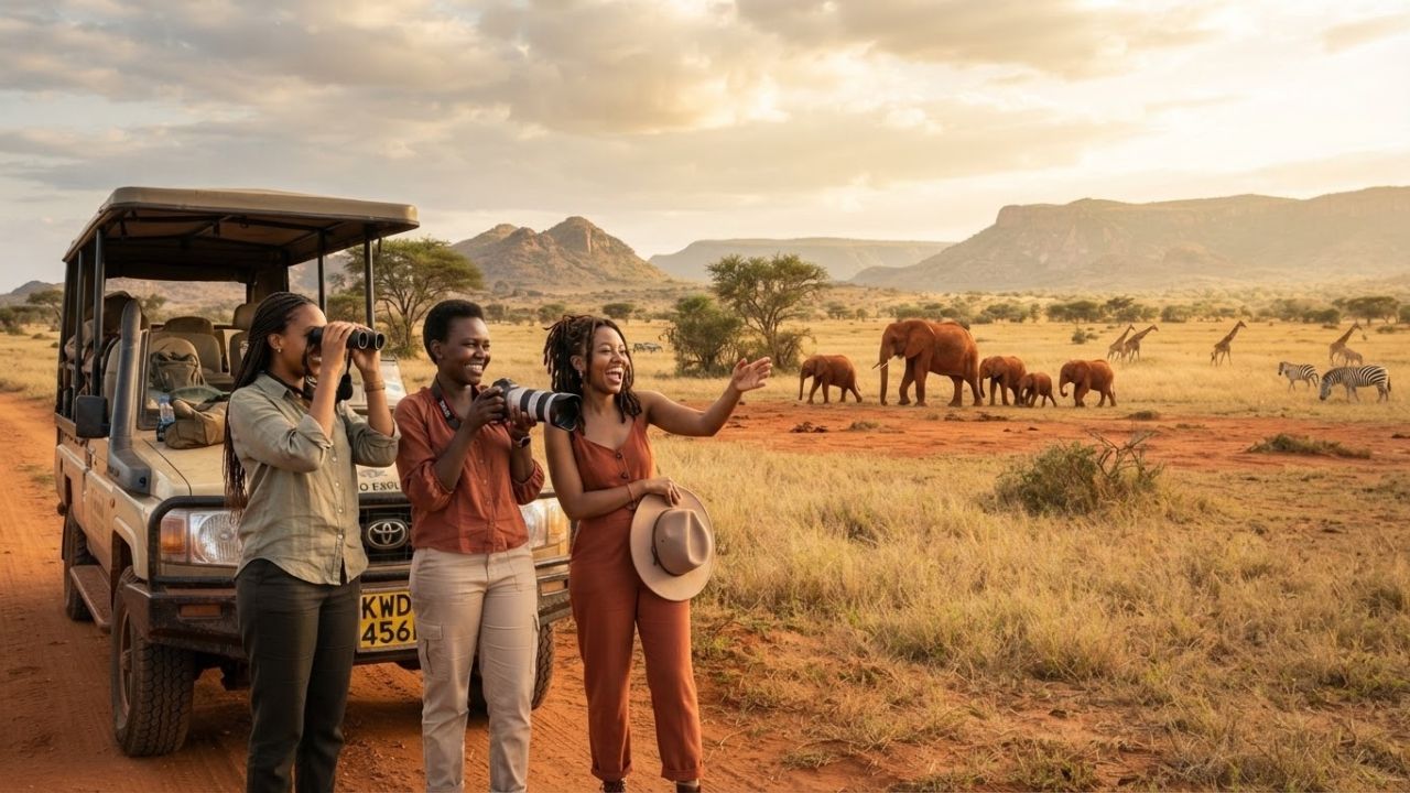A photorealistic rendering of a safari vehicle driving through the dry savannah grasslands of Tsavo West National Park with Mount Kilimanjaro in the background.