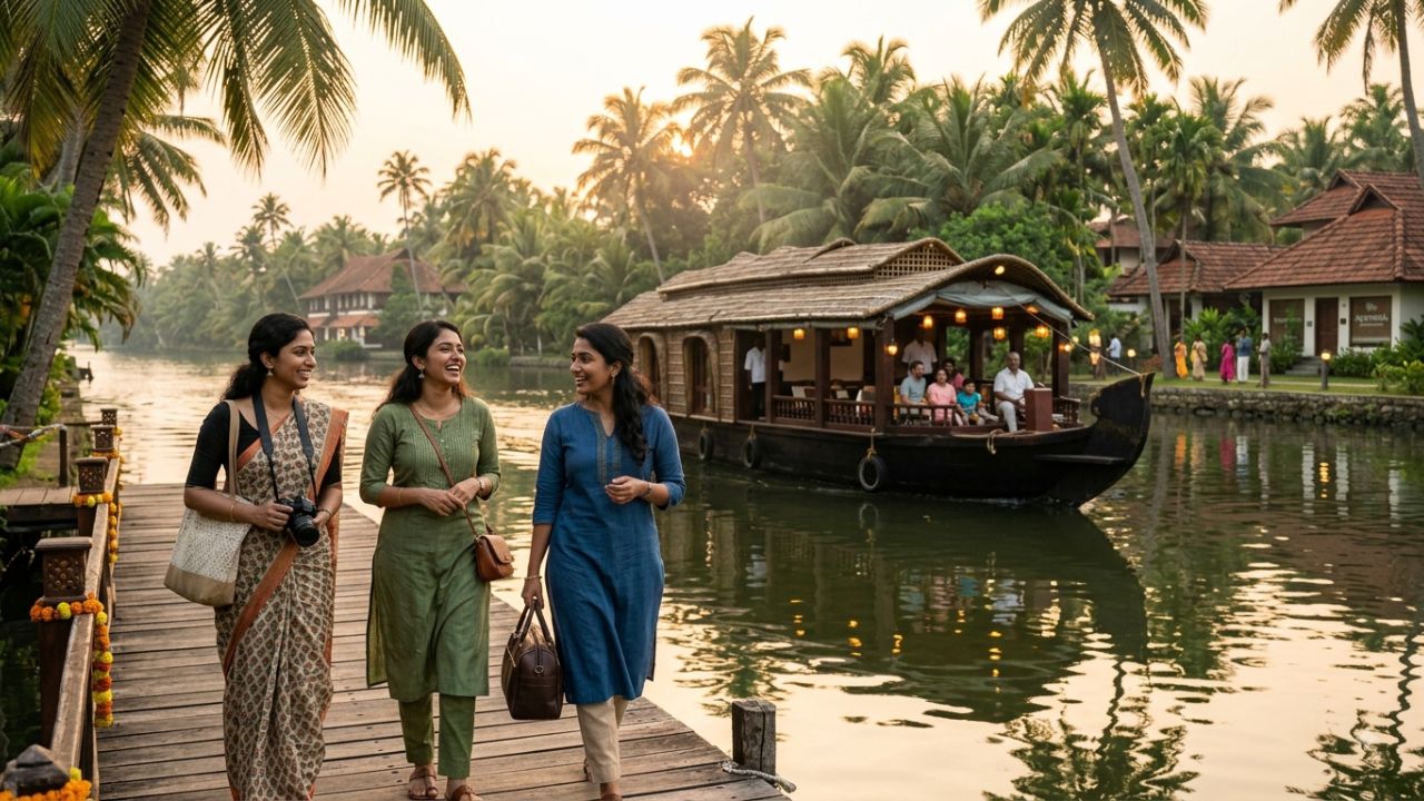 A traditional luxury houseboat cruising along the calm backwaters of Kumarakom in Kerala.