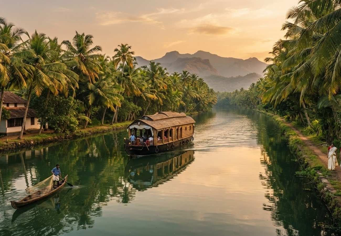 Aerial view of Kerala backwaters and lush greenery